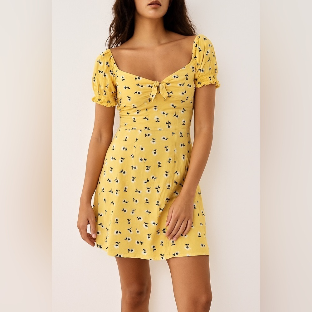 Mimi Chica Yellow Printed Puff Sleeve Mini Dress Small Knot Front